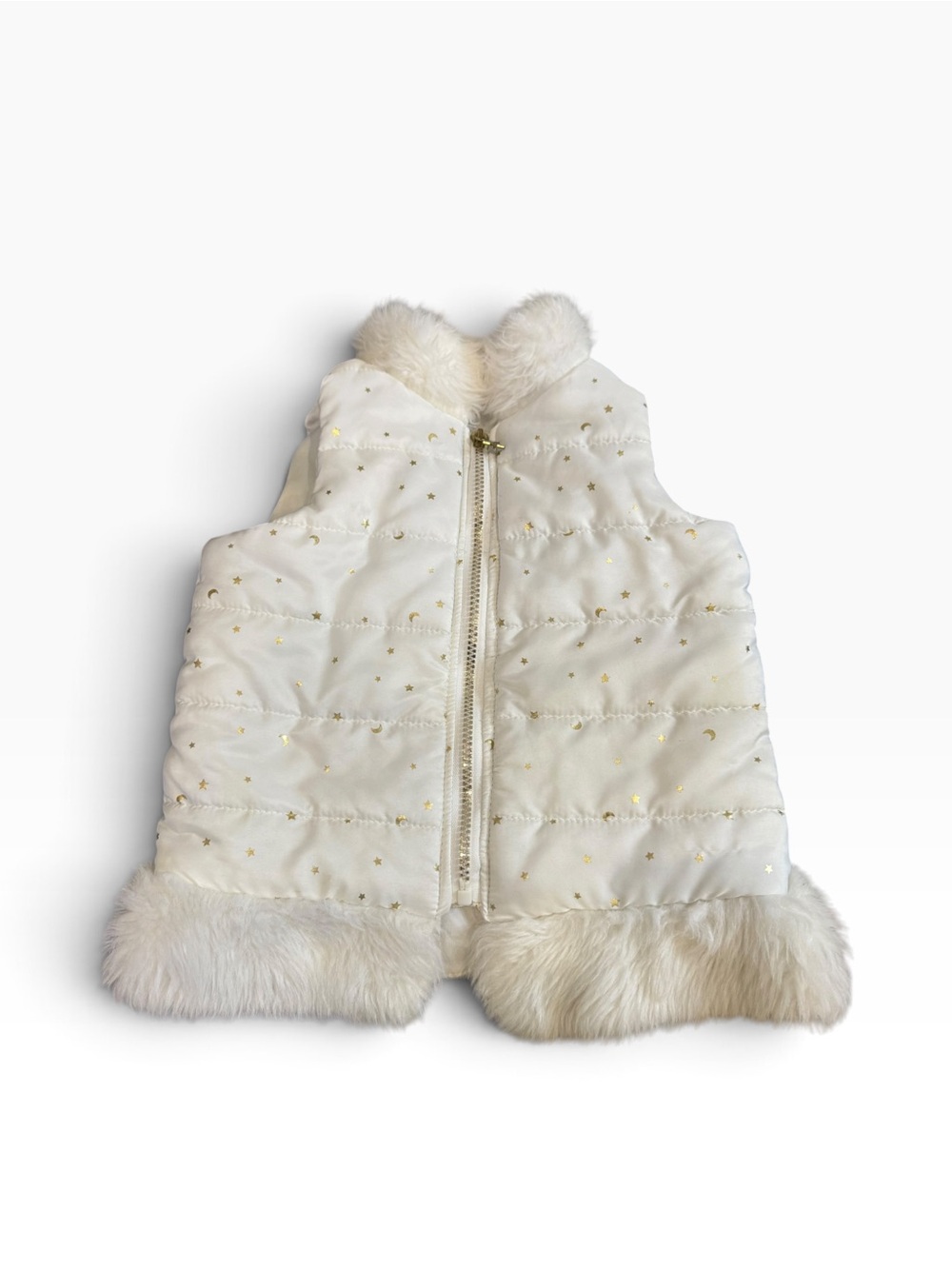 Girls 5T Max Studio Cream Quilted Vest with Gold Star Accents and Faux Fur Trim
